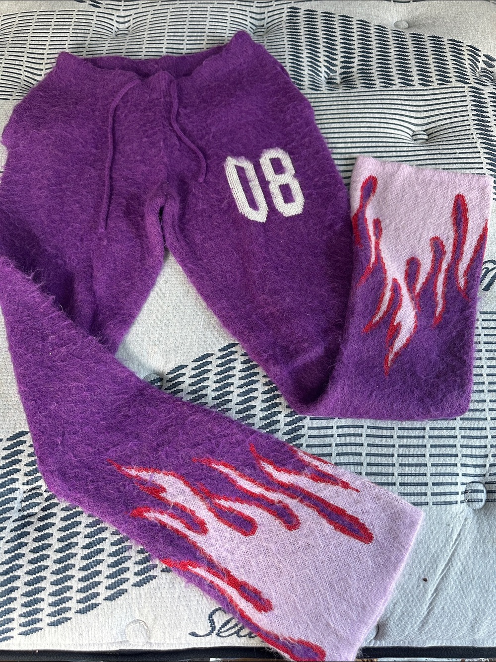 Purple Flame Detail Fuzzy Track Pants